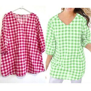 WOMAN WITHIN sz 1X Plus Size V-Neck Gingham Shirt Pink Cotton 3/4 Sleeve 22W 24W